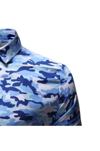 Mens New Fashionable Camo Printed Long Sleeve Fitted Button-Up Shirt