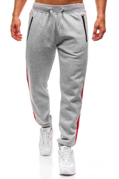 Mens Trendy Striped Side Drawstring-Waist Zip Pocket Loose Casual Cotton Sweatpants
