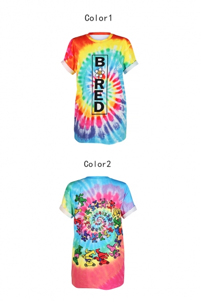 New Stylish Floral Letter Bored Printed Tie Dye 3D Print Round Neck Short Sleeve Longline T-Shirt
