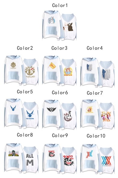 New Trendy Fashion Comic Character Printed Colorblocked Long Sleeve Blue and White Hoodie
