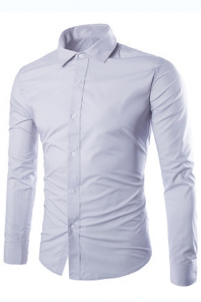 New Trendy Simple Plain Wrinkle-Free Long Sleeve Mens Non-Iron Button-Up Slim Dress Shirt