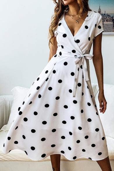 Polka-Dot Print Plunge Neck Knotted Waist Short Sleeve Midi A-Line Dress
