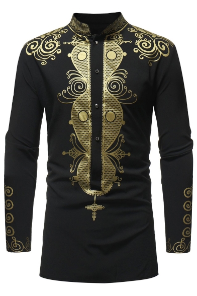 Retro African Style Printed Stand-Collar Long Sleeve Four-Button Longline Shirt for Men