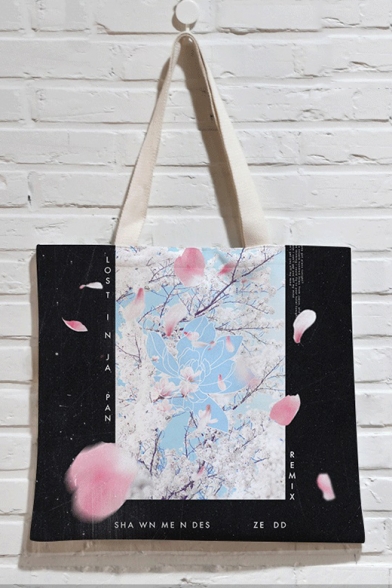 Floral Letter LOST IN JAPAN Print Black Hand Bag Shoulder Bag 40*45cm