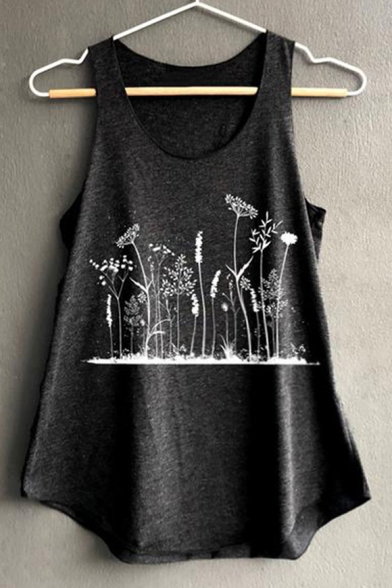 Stylish Floral Plants Printed Scoop Neck Sleeveless Tank Top for Women