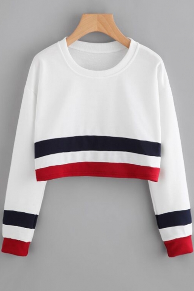 Women's Colorblock Stripe Print Long Sleeve Round Neck White Cropped Sweatshirt