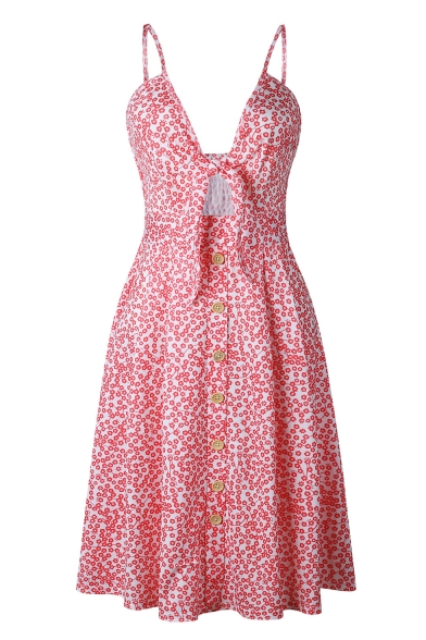 Womens Summer Stylish Floral Printed Sexy Hollow Out Front Button-Down Midi A-Line Slip Dress