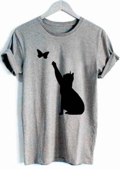 Cute Butterfly Cat Printed Basic Short Sleeve Round Neck Unisex T-Shirt