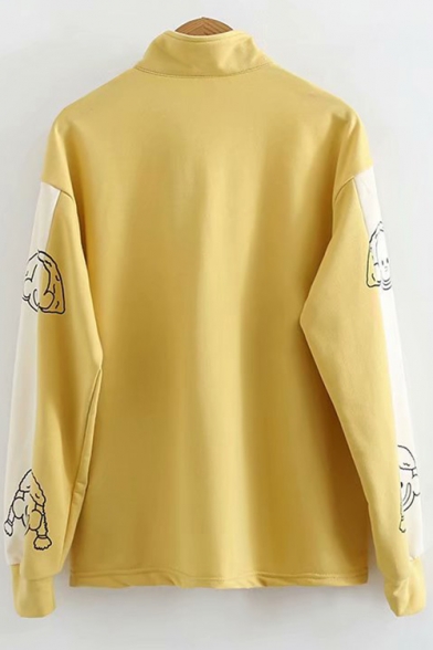Cute Cartoon Character Printed Half-Zip Stand Collar Long Sleeve Loose Fit Yellow Sweatshirt