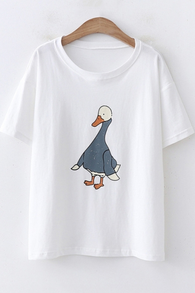 Cute Cartoon Duck Pattern Short Sleeve Round Neck Loose Casual Cotton T-Shirt