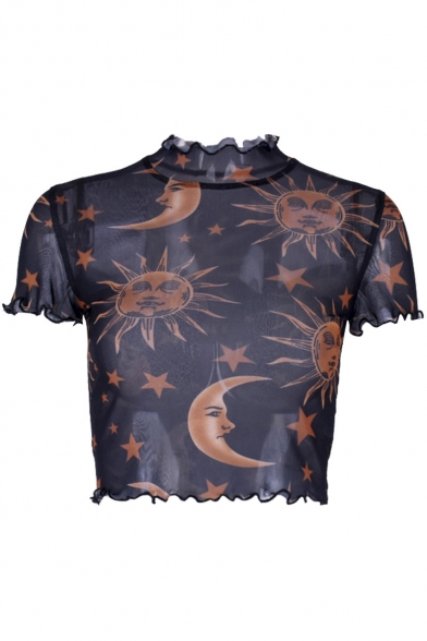 Cute Cartoon Sun Moon Star Printed Short Sleeve Transparent Mesh Crop T-Shirt