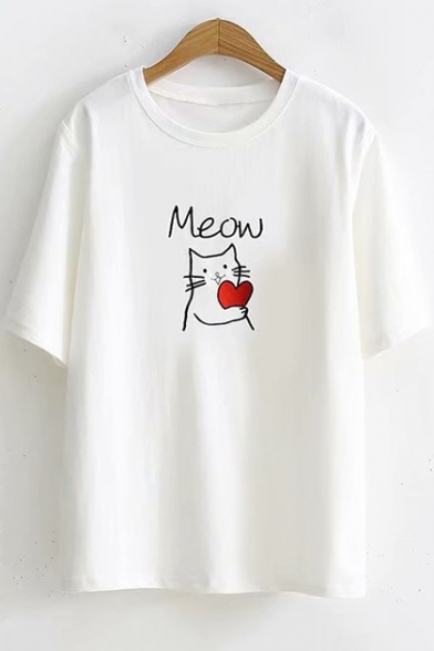 Cute Letter MEOW Cat with Heart Simple Embroidered Short Sleeve T-Shirt