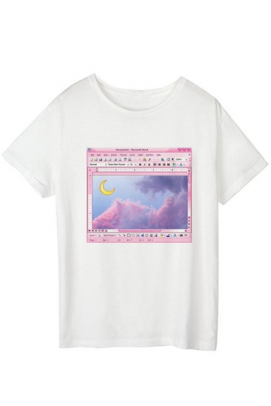 Cute Moon Print Girls Basic Short Sleeve White T-Shirt