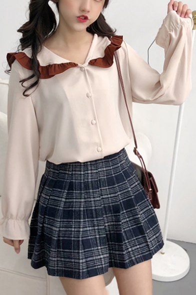 Doll Collar Color Block Long Sleeve Buttons Down Shirt