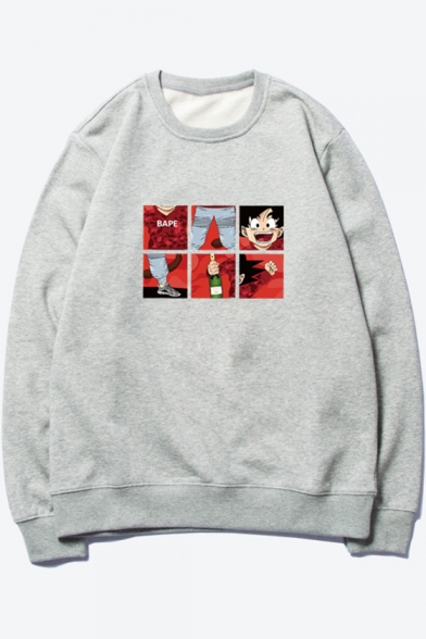 Comic Character Printed Basic Round Neck Long Sleeve Pullover Cotton Sweatshirt