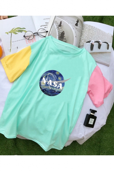 Fashion Galaxy NASA Print Colorblock Short Sleeve Summer Cotton Tee