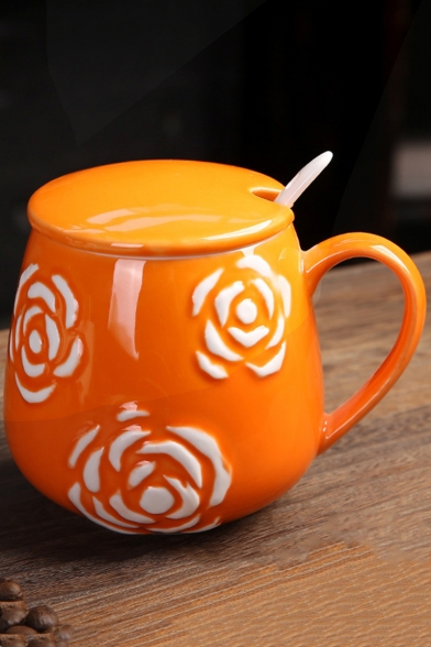 Fashion Rose Carved Cameo Ceramic Mug Cup with Lid Scoop 350ml