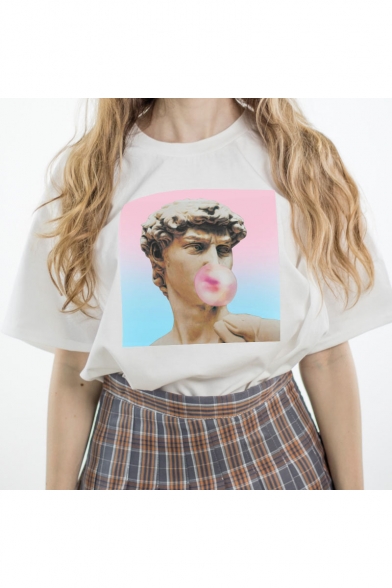 Funny Portrait Printed Summer Casual Loose White T-Shirt