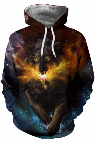Galaxy Wolf 3D Printed Mens Casual Loose Pullover Drawstring Hoodie