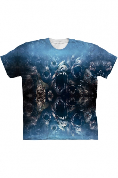 Horrible Piranha Fish 3D Print Basic Short Sleeve Blue T-Shirt