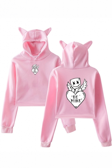 Marshmello Cute Cartoon Wing Letter BE MINE Heart Cat Ear Cropped Casual Hoodie