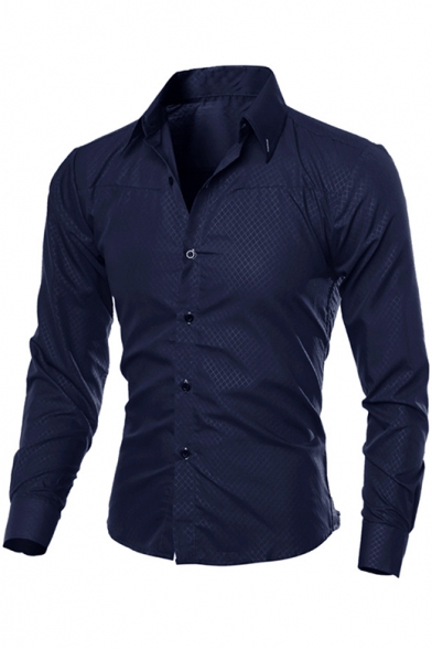Men's Basic Simple Plain Fashion Dark Lattice Long Sleeve Slim Fit Shirt