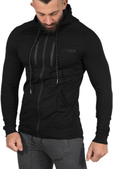 Men's Fashion Logo Print Chest Long Sleeve Bodybuilding Breathable Slim Fitted Black Zip Hoodie
