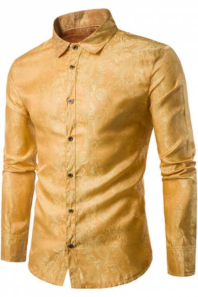 Mens New Trendy Bright Silk Floral Night Club Fitted Button-Front Party Shirt