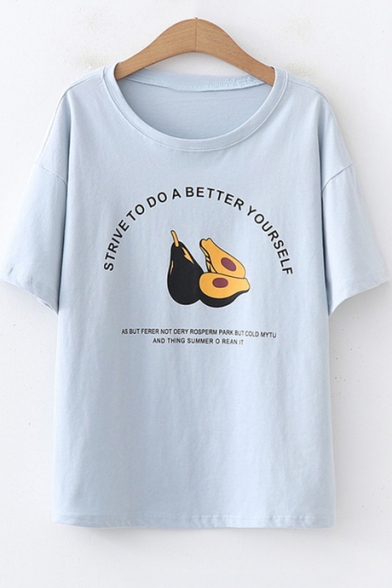 New Stylish Letter Avocados Printed Short Sleeve Casual Tee
