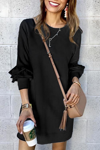 New Stylish Simple Plain Long Sleeve Round Neck Mini Shift Dress for Women