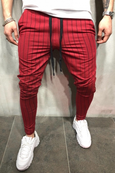 New Stylish Vertical Stripe Printed Drawstring Waist Cotton Slim Sport Pants Trousers