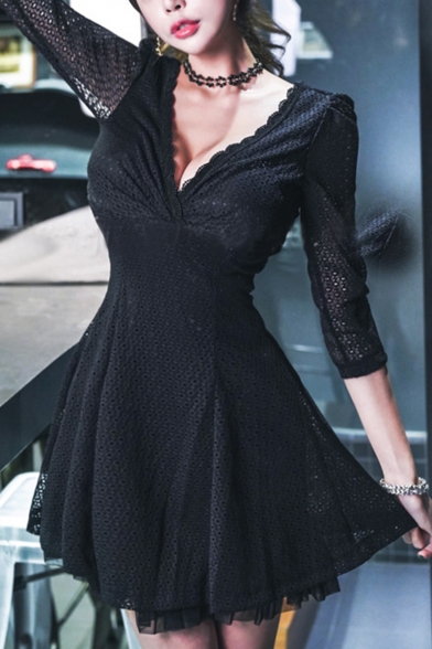 New Trendy Sexy V-Neck Three-Quarter Sleeve Black Lace Mesh Mini A-Line Dress
