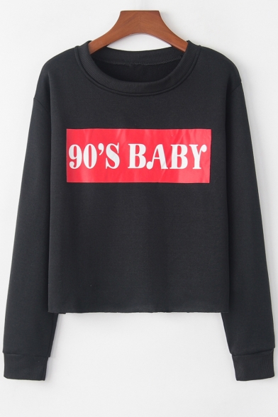 Popular Letter 90'S BABY Printed Round Neck Long Sleeve Pullover Sweatshirt