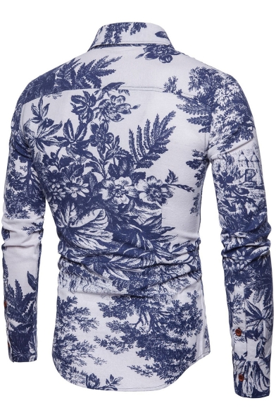 Retro Blue and White Porcelain Floral Printed Men's Fitted Long Sleeve Shirt
