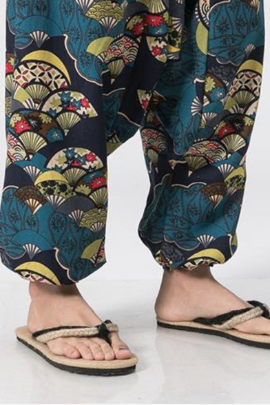Retro Ethnic Tribal Printed Elastic-Waist Comfort Linen Loose Bloomers Wide-Leg Pants for Men