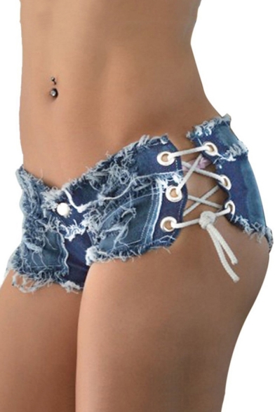 Oblong twist Mount Bank Sexy Women Denim Jeans Shorts Short Hot Pants Low Waist Side Straps -  Beautifulhalo.com