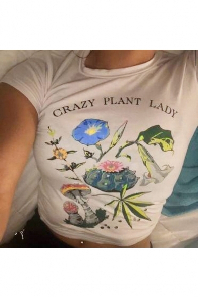 Summer Cool Letter CRAZY PLANT LADY Print Round Neck Cropped Slim White Graphic Tee