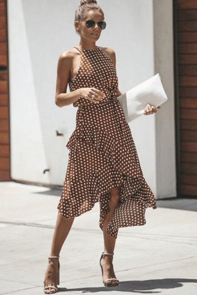 Summer Fashion Clasic Polka Dot Printed Halter Neck Womens Midi Asymmetric Dress