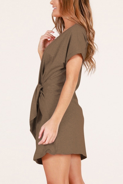 Summer New Fashion Round Neck Short Sleeve Tied Waist Mini A-Line T-Shirt Dress