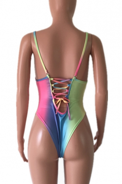 Summer Sexy Crisscross Back Colorful Rainbow Print Slim Fit One-Piece Swimwear