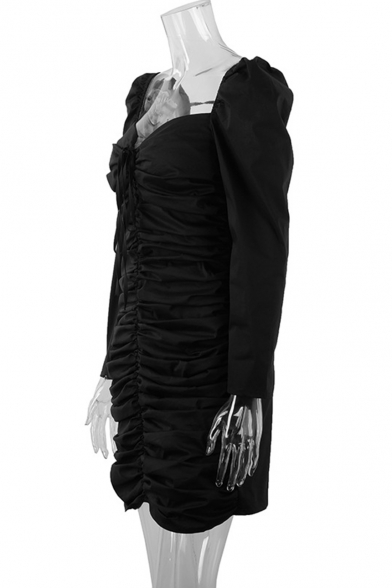 Womens Fashion Square Neck Long Sleeve Ruched Detail Mini Black Bodycon Dress