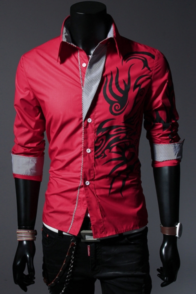 Chinese Style Dragon Grain Print Side Spread Collar Long Sleeve Fitted Button-Up Shirt for Men