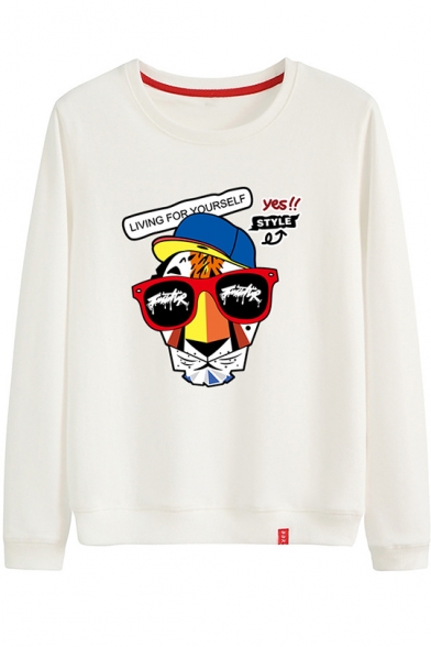 Cool Letter LIVING FOR YOURSELF Cartoon Tiger Printed Round Neck Long Sleeve Casual Sweatshirt