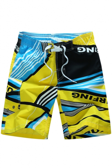 Cool Men's Letter Striped Print Quick-Dry Drawstring Sport Beach Swimming Trunks with Mesh Liner