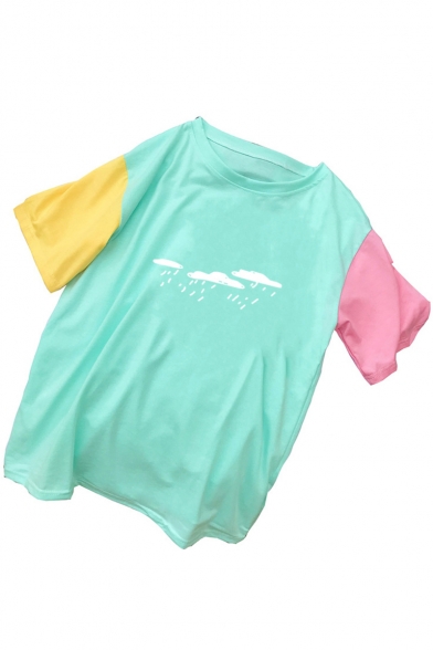 Cute Raining Print Fashion Colorblocked Short Sleeve Green T-Shirt
