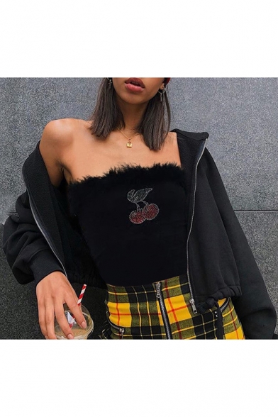 Fashion Beading Cherry Chic Fur-Trimmed Girls Sexy Black Bandeau Top