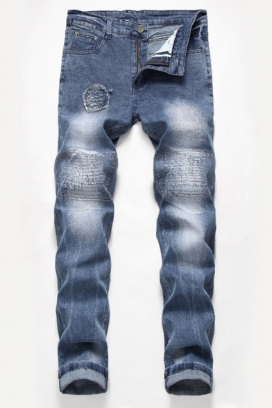 Fashion Patched Stretch Straight Leg Light Blue Torn Jeans for Men