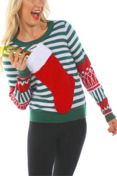 Funny Christmas Red Boot Patched Green Striped Print Round Neck Long Sleeve Sweater
