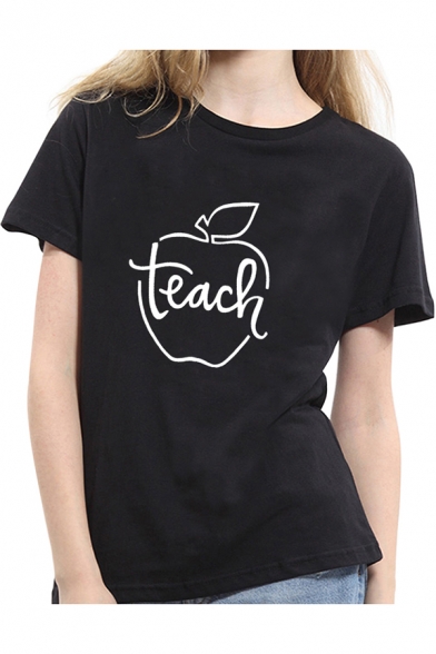 Funny Letter TEACH Apple Graphic Print Cotton Black T-Shirt