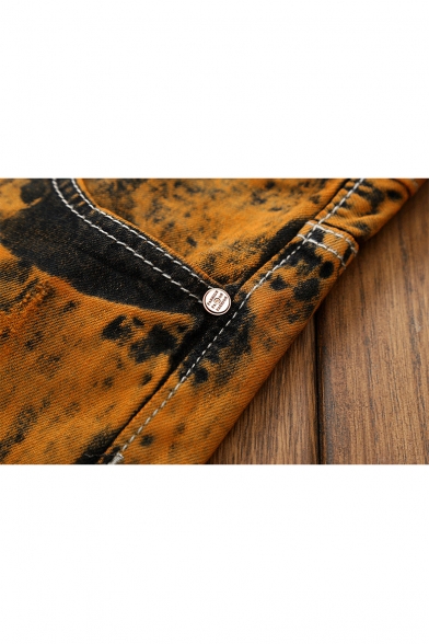 Guys Retro Patchwork Stylish Yellow Distressed Ripped Slim Fit Jeans